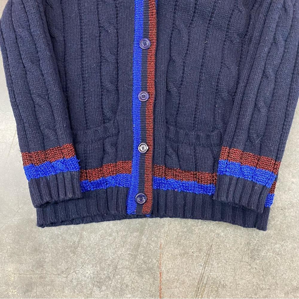 Gucci Cable Knit Cardigan Navy Stripe Trim Lambs Wool Sweater Women’s Large‎ - Picture 10 of 11